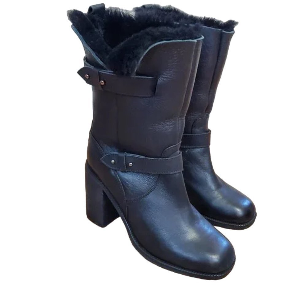 Jeffrey Campbell Shearling Leather 3.5" Heel Mid Calf Boots Moto Belts Sz 7